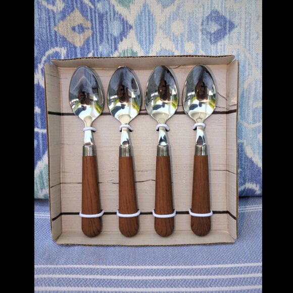 Moka Spoons Set of 4 – Brown Wood Espresso Teaspoons Stainless Steel Quid Novi - Picture 1 of 3